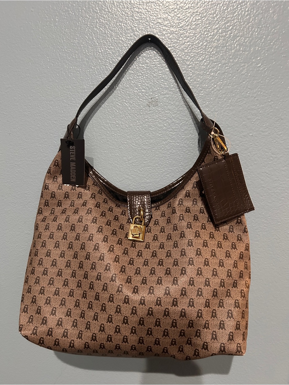 Steve Madden Brown Patterned Logo Shoulder Bag with Card Pouch Extra Large Size